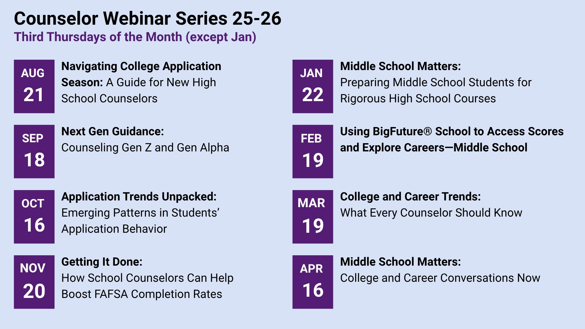 Counselor Webinar series 2025-20226 schedule 
