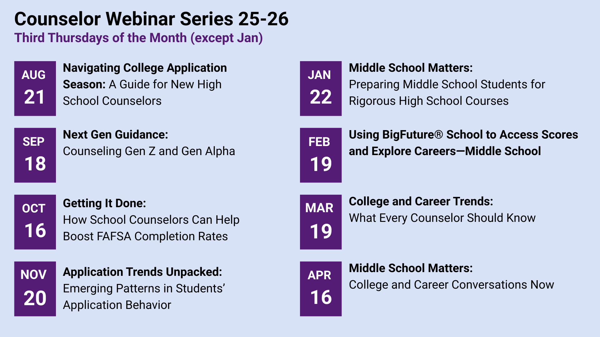 Counselor Webinar series 2025-20226 schedule 