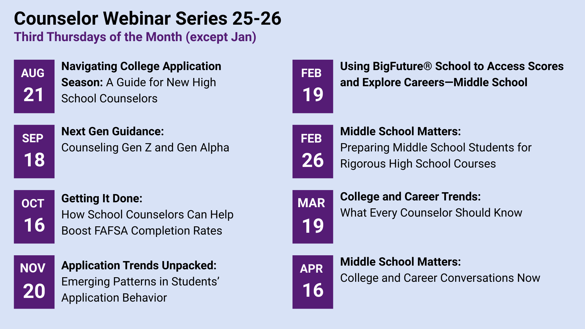 Counselor Webinar series 2025-20226 schedule 